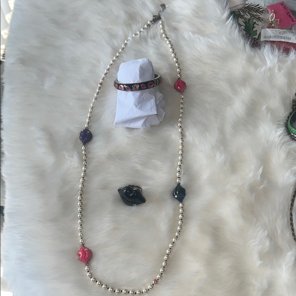Betsey Johnson Silver Beaded Necklace with Pink, Purple and Black Enamel Charms